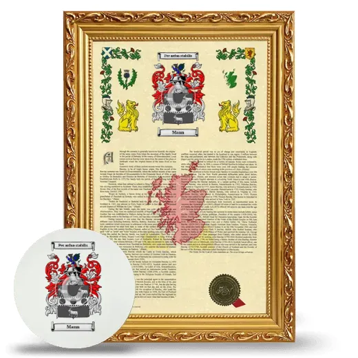 Mann Framed Armorial History and Mouse Pad - Gold