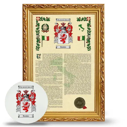 Russian Framed Armorial History and Mouse Pad - Gold