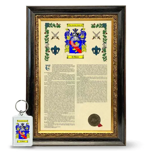 St Pierre Framed Armorial History and Keychain - Heirloom