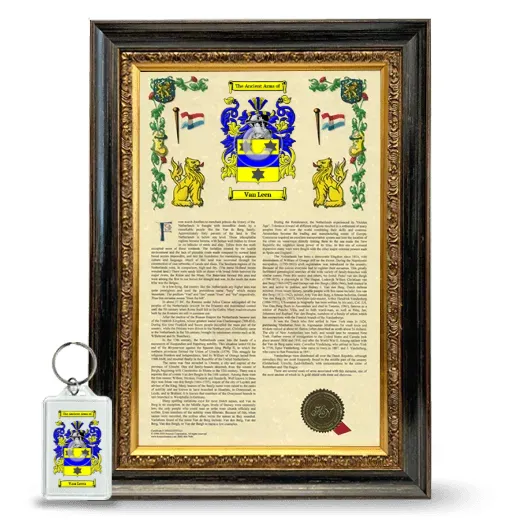 Van Leen Framed Armorial History and Keychain - Heirloom