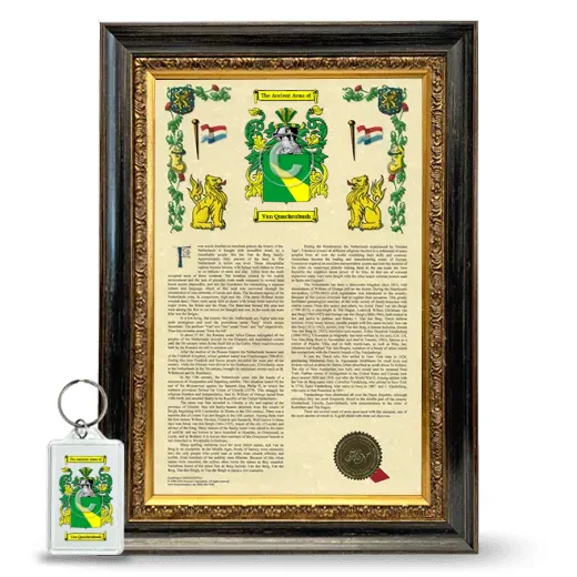 Van Quackenbush Framed Armorial History and Keychain - Heirloom