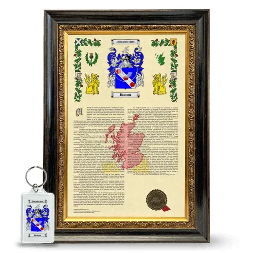 Baucom Framed Armorial History and Keychain - Heirloom