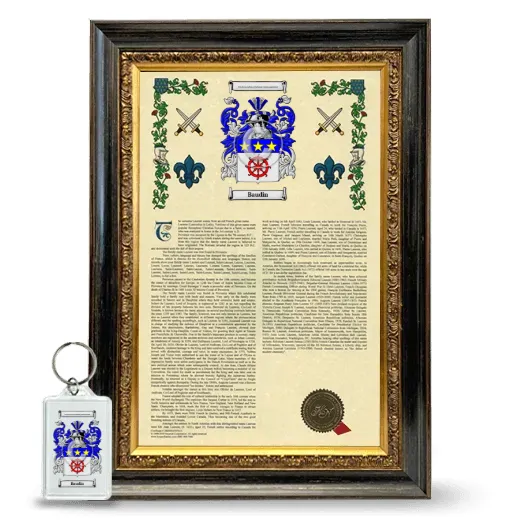 Baudin Framed Armorial History and Keychain - Heirloom