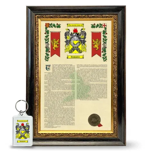 Benjamine Framed Armorial History and Keychain - Heirloom