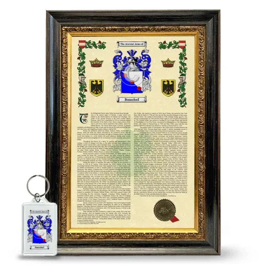 Bomsdorf Framed Armorial History and Keychain - Heirloom