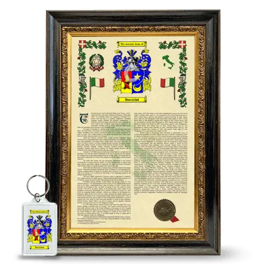 Buscarini Framed Armorial History and Keychain - Heirloom