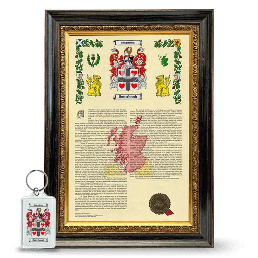 Butterbaugh Framed Armorial History and Keychain - Heirloom