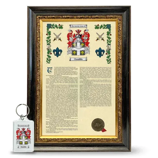Chamblin Framed Armorial History and Keychain - Heirloom