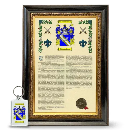 Champaignes Framed Armorial History and Keychain - Heirloom