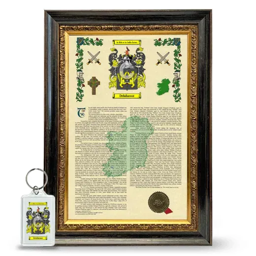 Delahaunt Framed Armorial History and Keychain - Heirloom
