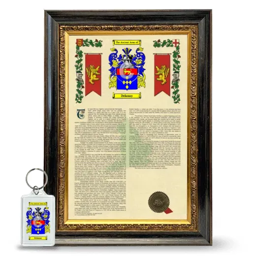 Delauny Framed Armorial History and Keychain - Heirloom
