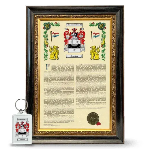 Gruening Framed Armorial History and Keychain - Heirloom