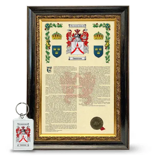 Gustavson Framed Armorial History and Keychain - Heirloom