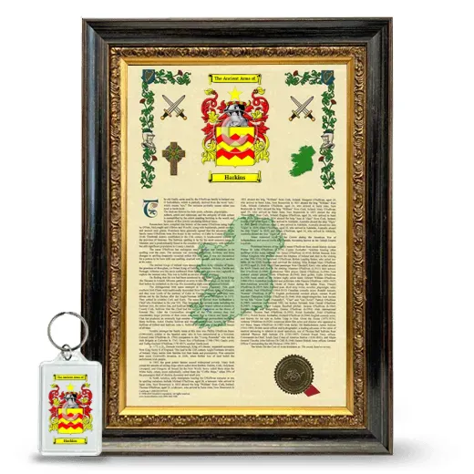 Harkins Framed Armorial History and Keychain - Heirloom