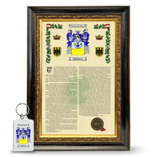 Lindenman Framed Armorial History and Keychain - Heirloom