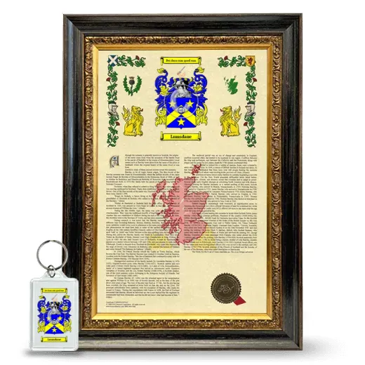 Lumsdane Framed Armorial History and Keychain - Heirloom