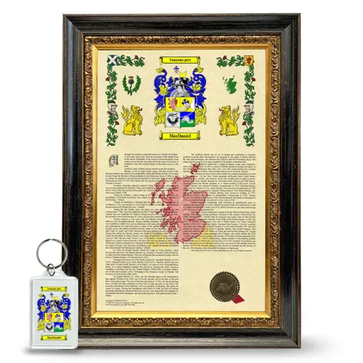 MacDaniel Framed Armorial History and Keychain - Heirloom