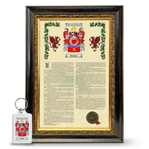 Meekins Framed Armorial History and Keychain - Heirloom