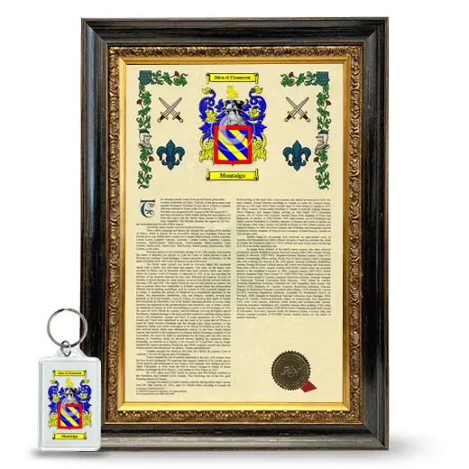 Montaigu Framed Armorial History and Keychain - Heirloom