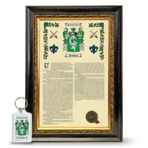 Montignies Framed Armorial History and Keychain - Heirloom