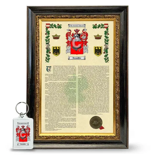 Neumiller Framed Armorial History and Keychain - Heirloom