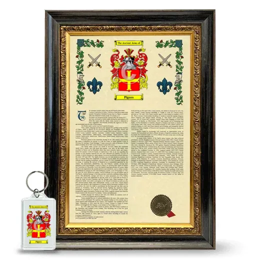 Pigues Framed Armorial History and Keychain - Heirloom