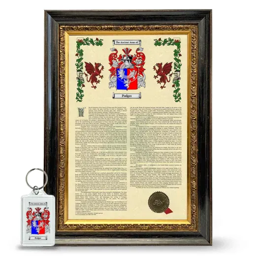 Podger Framed Armorial History and Keychain - Heirloom