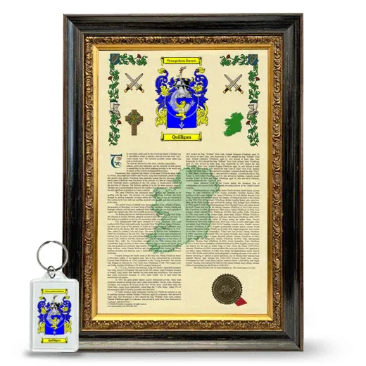 Quilligan Framed Armorial History and Keychain - Heirloom