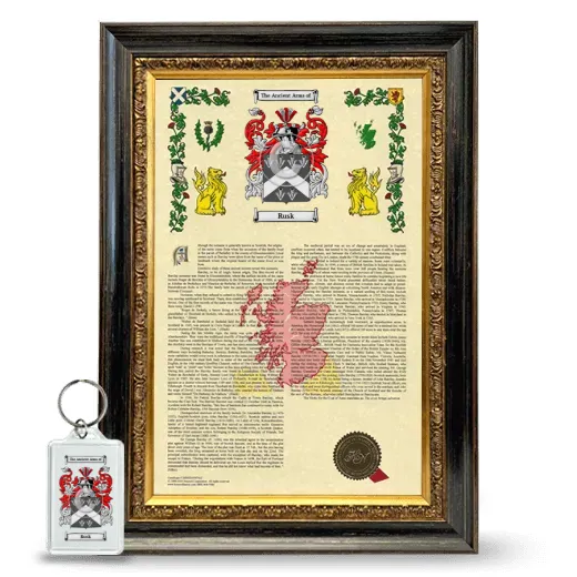 Rusk Framed Armorial History and Keychain - Heirloom