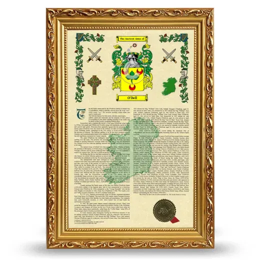 O'Dell Armorial History Framed - Gold