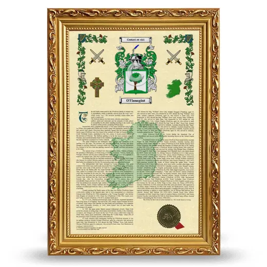O'Flanagint Armorial History Framed - Gold