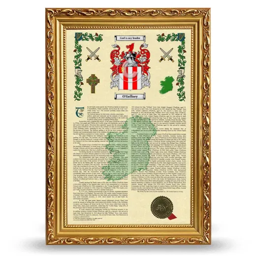 O'Gaffney Armorial History Framed - Gold