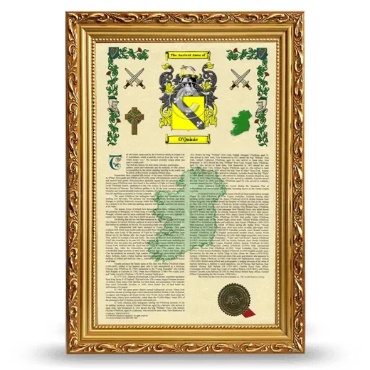 O'Quinie Armorial History Framed - Gold