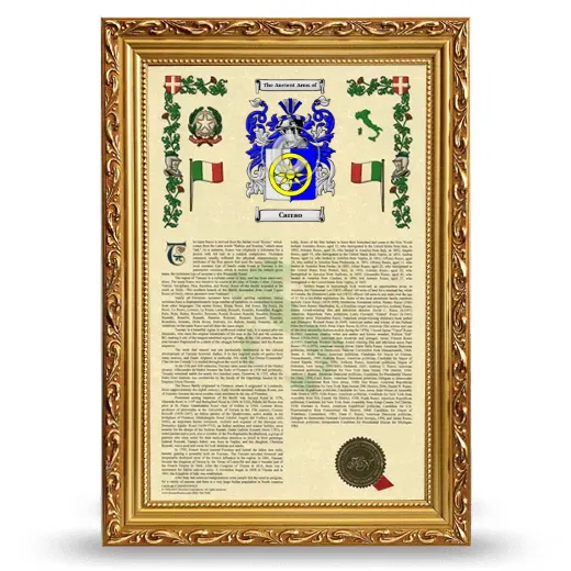 Carrao Armorial History Framed - Gold