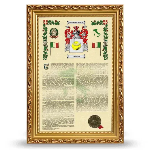 Del'ano Armorial History Framed - Gold