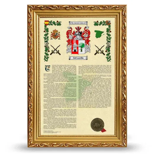 Del'castillo Armorial History Framed - Gold