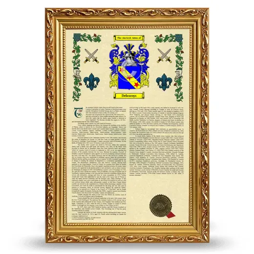 Delasroys Armorial History Framed - Gold