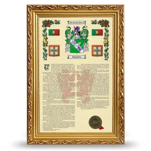 Gonçalves Armorial History Framed - Gold
