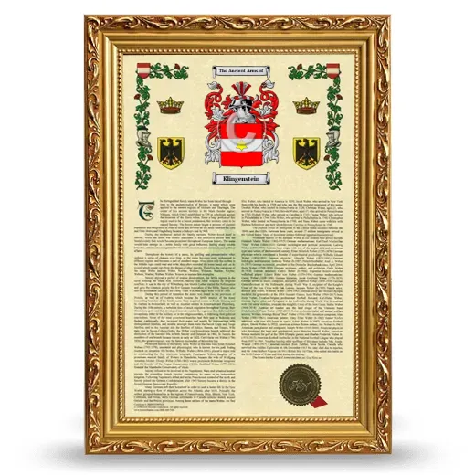 Klingenstein Armorial History Framed - Gold