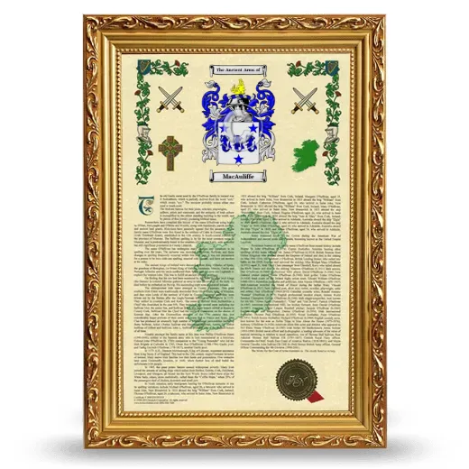 MacAuliffe Armorial History Framed - Gold