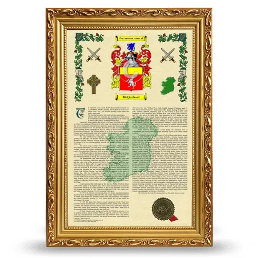McQuiland Armorial History Framed - Gold