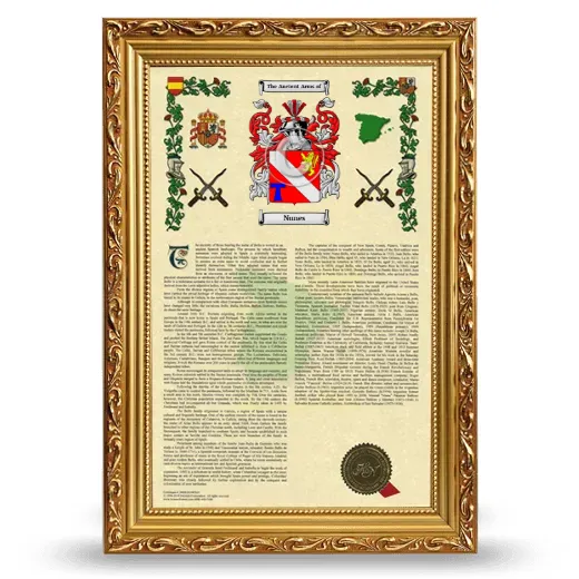 Nunes Armorial History Framed - Gold