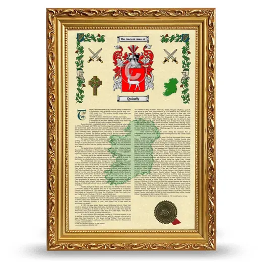 Quinely Armorial History Framed - Gold