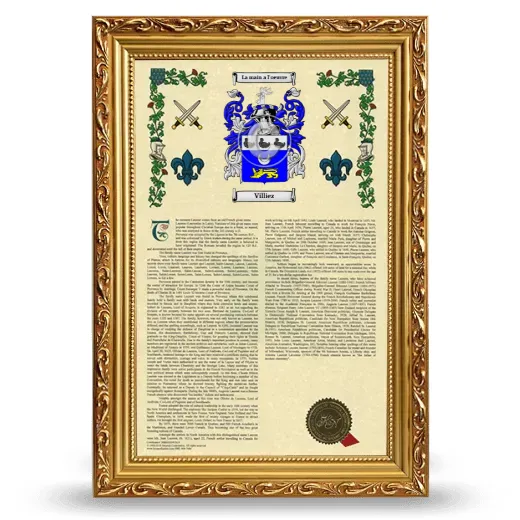 Villiez Armorial History Framed - Gold