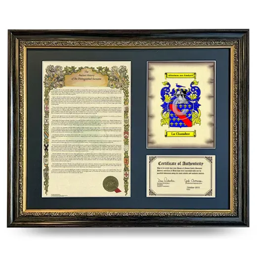 La Chambre Framed Surname History and Coat of Arms- Heirloom