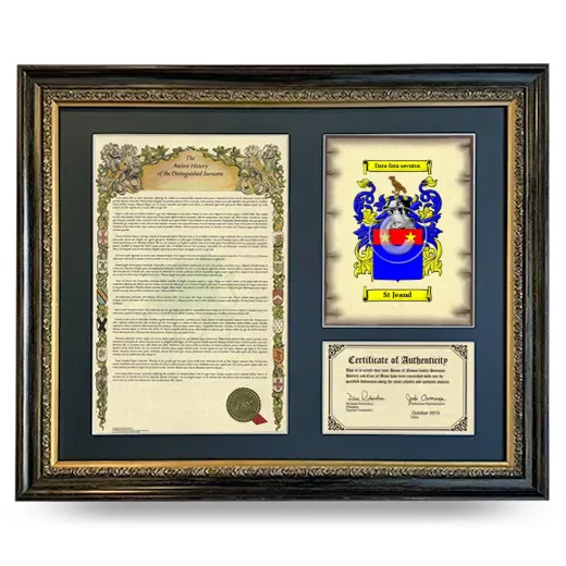 St Jeand Framed Surname History and Coat of Arms- Heirloom