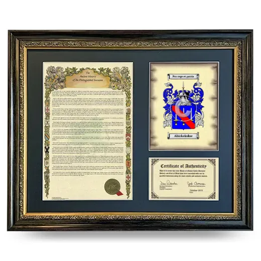 Abirkeirdoe Framed Surname History and Coat of Arms- Heirloom