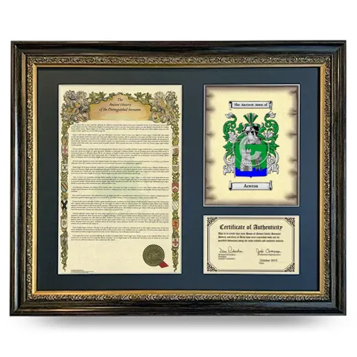 Aceros Framed Surname History and Coat of Arms- Heirloom