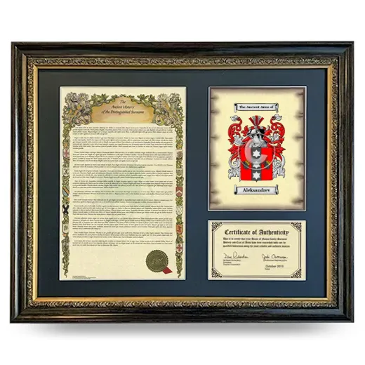 Aleksandrev Framed Surname History and Coat of Arms- Heirloom