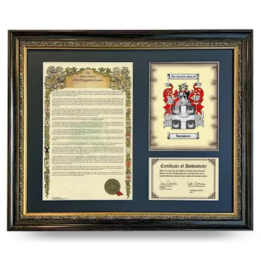 Barnman Framed Surname History and Coat of Arms- Heirloom
